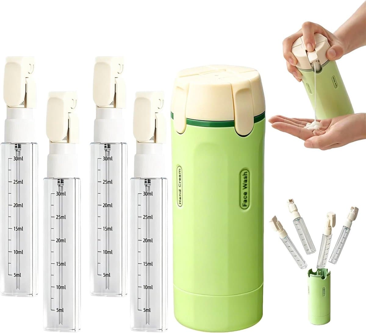 4-in-1 reisdispenser, navulbaar, lekvrij, draagbare reisflessen voor shampoo, draagbare siliconen reisflessen, reisgadgets, vliegtuigdispenser, voor shampoo, crème, spoeling, lichaamsverzorging (groen — afbeelding 1