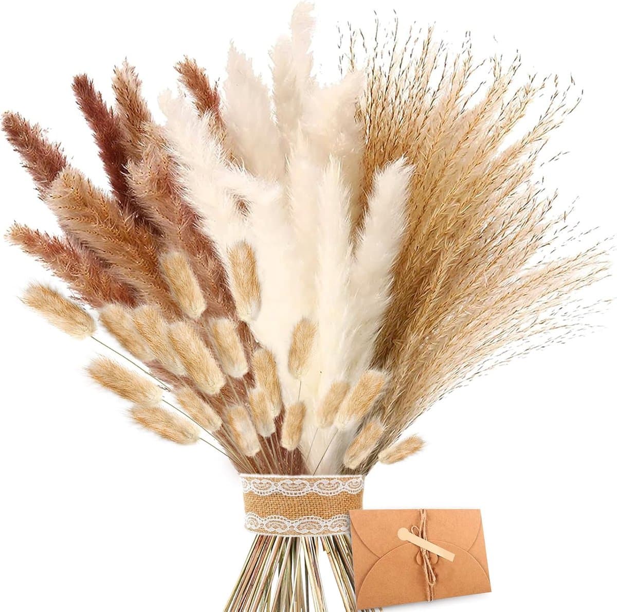 Gedroogde Bloemen, Bruin, Wit Pampasgras Pluizige Bladeren, Lagurus en Zegge Gedroogde Bloemen Boeket Gedroogde Bloemen, Voor Bloemstuk Home Decor — afbeelding 1