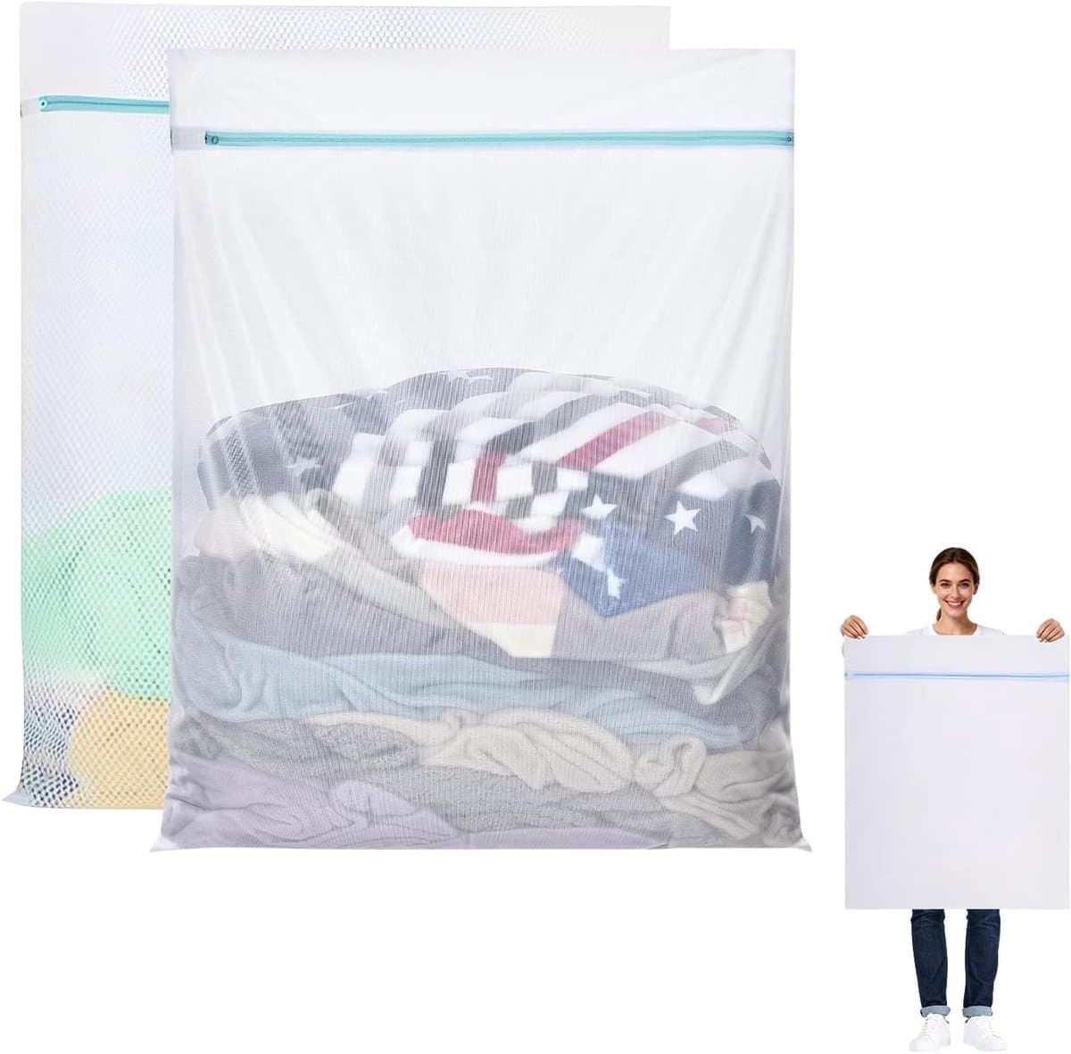 Grote Waszakken Set 2 stuks - 60x80 cm - Waszakken - Wasnetten -Waszak voor Beddengoed - Handdoeken & Kleding - Fijnmazig gaas - Bescherm je Wasgoed en Wasmachine - Wasnet voor Wasmachine - Wit — afbeelding 1