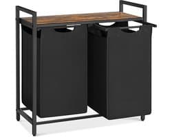 VASAGLE - Wasmand - Wasmand met 2 uittrekbare en verwijderbare zakken - Wamandmeubel - Plank - Metalen Frame - 2 x 46 liter - 92 liter totaal - 72x73x33 cm (HxBxD) Inktzwart en Rustiek Bruin UBLH201B01