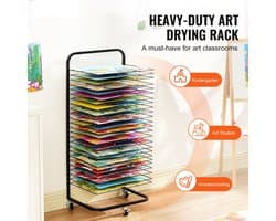 Droogrek voor Kunstwerken - 25-Laags Verfdroogrek - Verwijderbare Planken - Afmeting 42,3 x 31,7 cm - Zwenkwielen met Rem - Koolstofstaal - Voor Tekeningen en Schilderijen - Mobiel