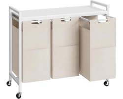 Wasmand 3 vakken, wasverzamelaar met plank, wasmand met wieltjes, 3 x 39,8 l, waszak van Oxford-weefsel, wit