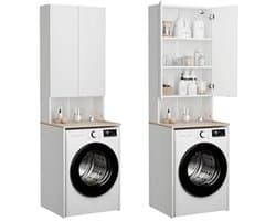Wasmachinekast voor Badkamer of Keuken - Hoge Kast met Bovenbouw voor Wasmachine en Wasdroger - Wit en Eiken - 210 x 65 x 50/25 cm