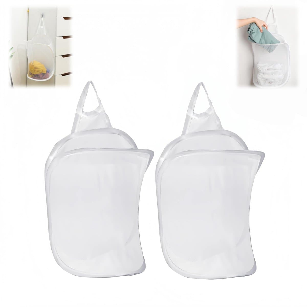 2 stuks - Opvouwbare wasmand voor aan de muur - Wasmand voor aan de muur - Hangende wasmand - Wasmand van gaas voor aan de muur - Ademend - Met handvat - Wit - 30*40*18 cm - Geschikt voor kleding en speelgoed — afbeelding 1