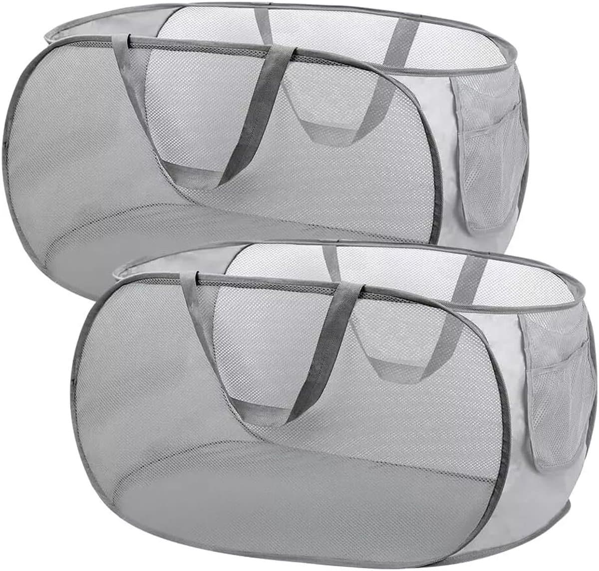 OKWISH Wasmand 2 Stuks - Faltbare Pop-up Wasmand - Wasmand met Deksel - Grijs - Polyester + Staaldraad — afbeelding 1
