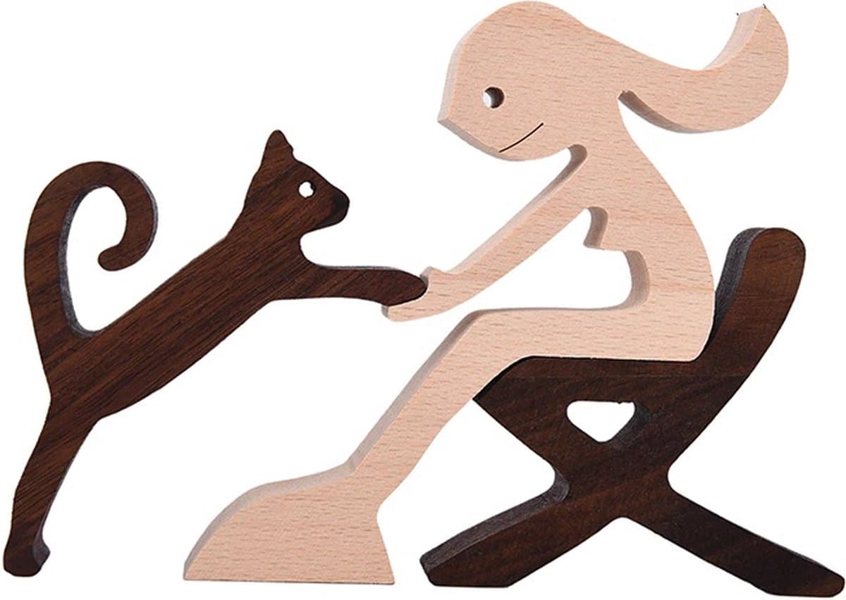 Houten beeldje - Natuurlijk hout - Beeld - Decoratief - Hout - Vrouw - Kat - Stoel - B12 — afbeelding 1