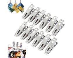 12 stuks - Platte roestvrijstalen clips - Huishoudelijke wasknijpers - Kleine clips voor het drogen van dekbedden - Vaste winddichte clips voor kleding en dekbedden - Winddichte en antislip wasknijpers van roestvrij staal - Metalen wasknijpers — afbeelding 1