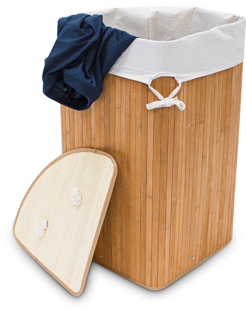 3x wasmand hoekmodel bamboe - 60 liter - deksel - wasbox - driehoekig - natuur — afbeelding 1