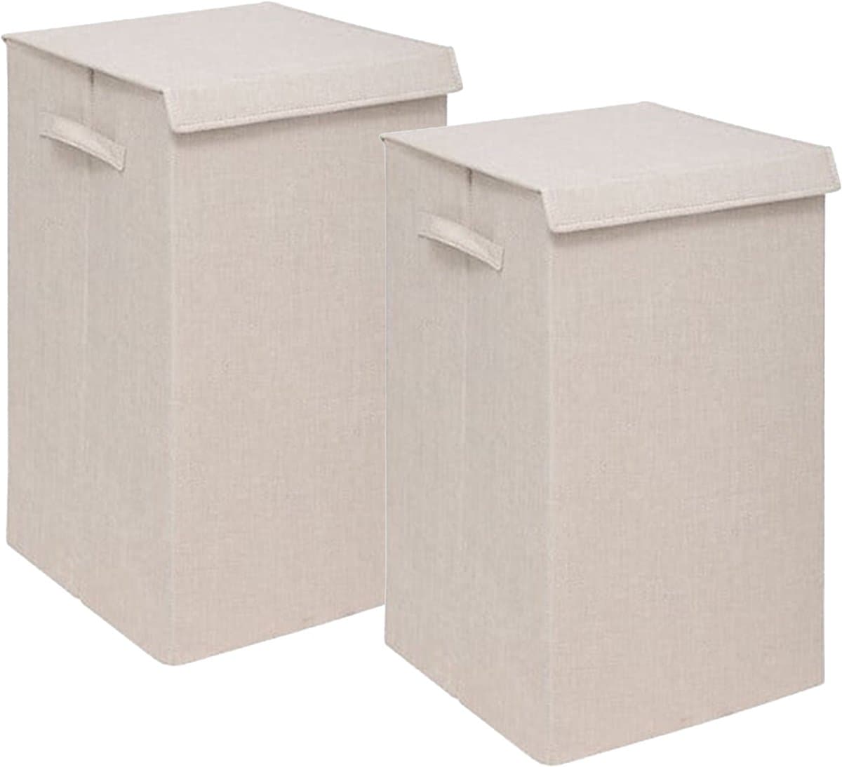 5Five Eureka sorteer wasmand - 2x - 74 liter - beige - 37 x 37 x 60 cm - MDF/Polyester stof - met afsluitklep — afbeelding 1