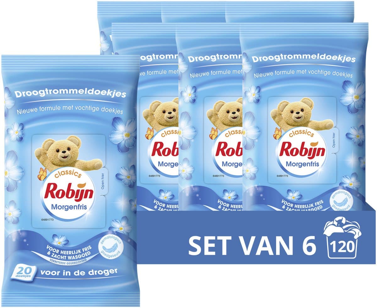 Robijn - Droogtrommeldoekjes - Morgenfris - beschermen kleuren en stoffen en helpen tegen statische kleding - 6 x 20 stuks — afbeelding 1
