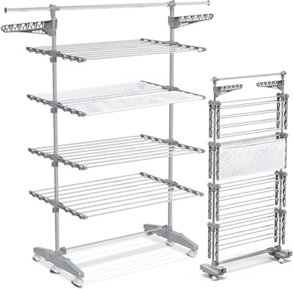 Zylo® Droogtoren 4 Verdiepingen - Droogtoren - Droogrek - met Wielen en Net - 66x165x177cm - Grijs — afbeelding 1
