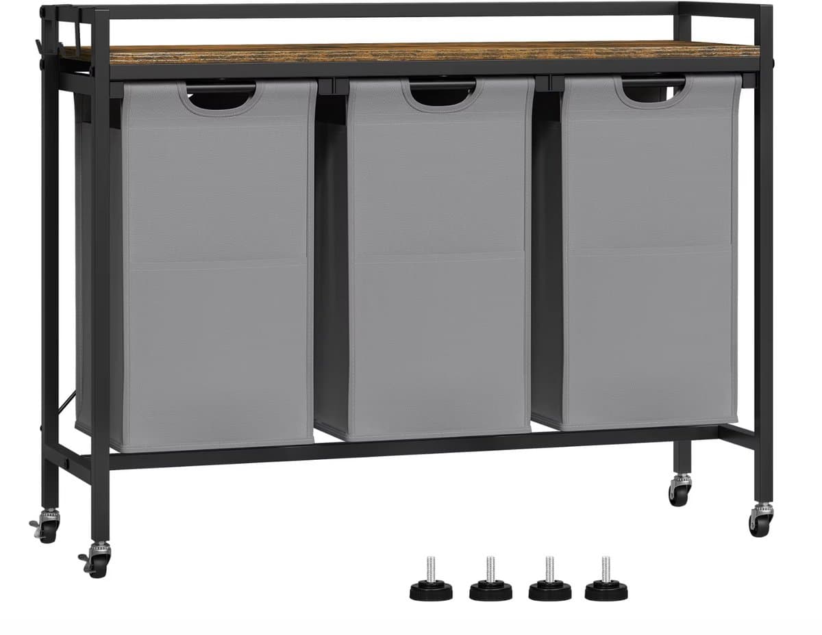 J&R Wasmand kastje - Wasmand met 3 vakken - Wassorteerder - Wasmand tafel - Waszak - Badkamerkast - Wasmand meubel - Wasmand rek - Dark brown - Zwart metaal — afbeelding 1