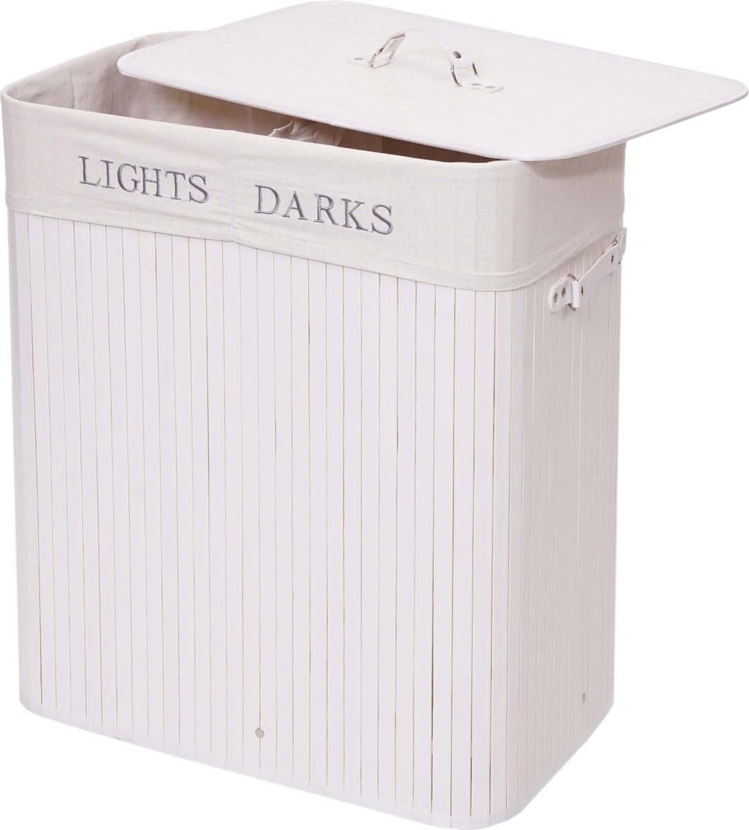 Wasmand MCW-C21, Wasbox Wasbox, bamboe 2 compartimenten 63x55x34cm 100l ~ wit — afbeelding 1