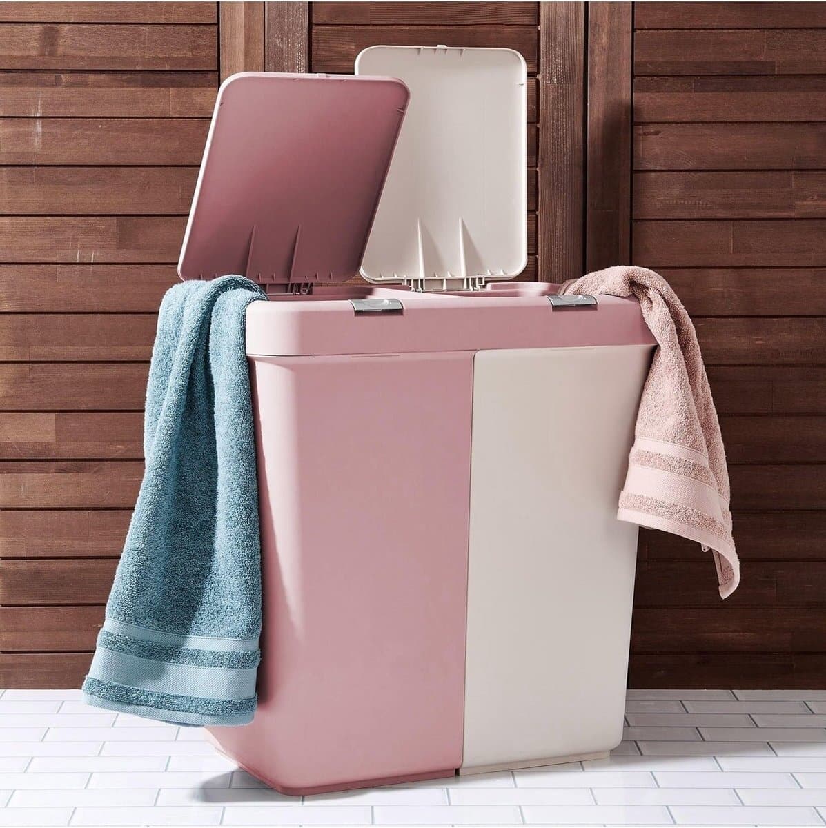 Motek® - Wasmand - 40 L+40 L - 80 L - 2 Vakken met Deksel - Met Touch Deksel - Gemaakt van 100% gerecycled kunststof - 80 L - wasmand met deksel - Wassorteerder - Roze - Poeder — afbeelding 1