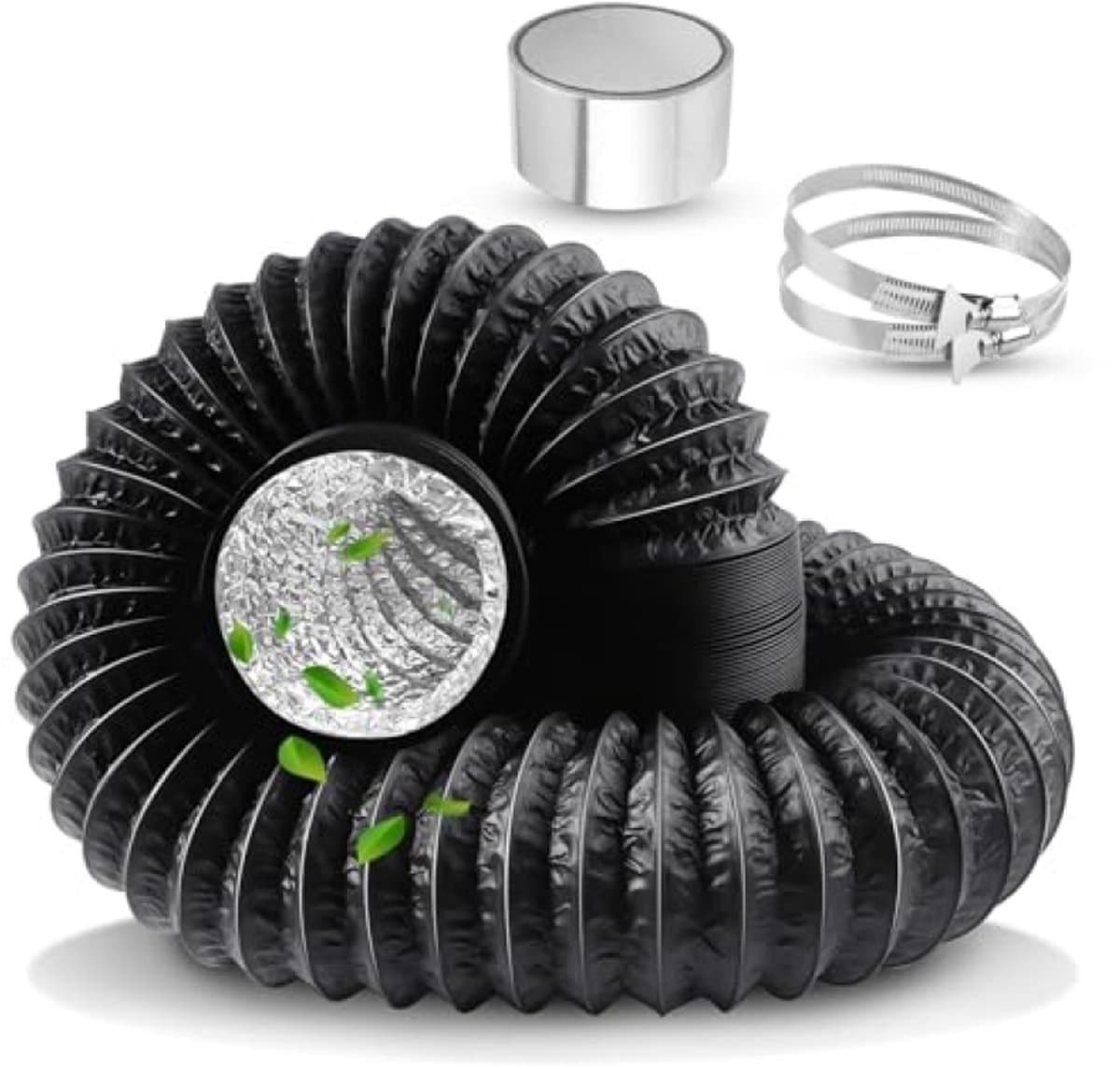 PromoHome ontluchtingsslang 125 mm - 4,2 meter - PVC aluminium flexibele slang met 2 klemmen en tape - voor wasdroger, airco, ventilatie, afzuigkap - zwart — afbeelding 1