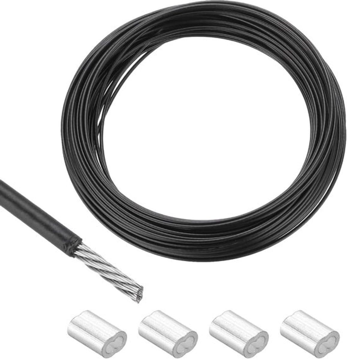 20 meter roestvrijstalen kabel met vinyl coating en aluminium mouwen - voor ophangen droogrek - zwart — afbeelding 1
