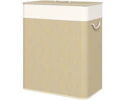 Wasmand van bamboe, wasbak met 2 vakken, wassorteerder met deksel en afneembare waszak, katoenen handvatten, 100 L wasbox