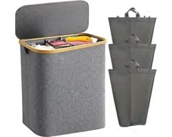 Wasmand - Wasmand 3 Vakken - Wasmand met Deksel - Wassorteerder - 160L - Grijs