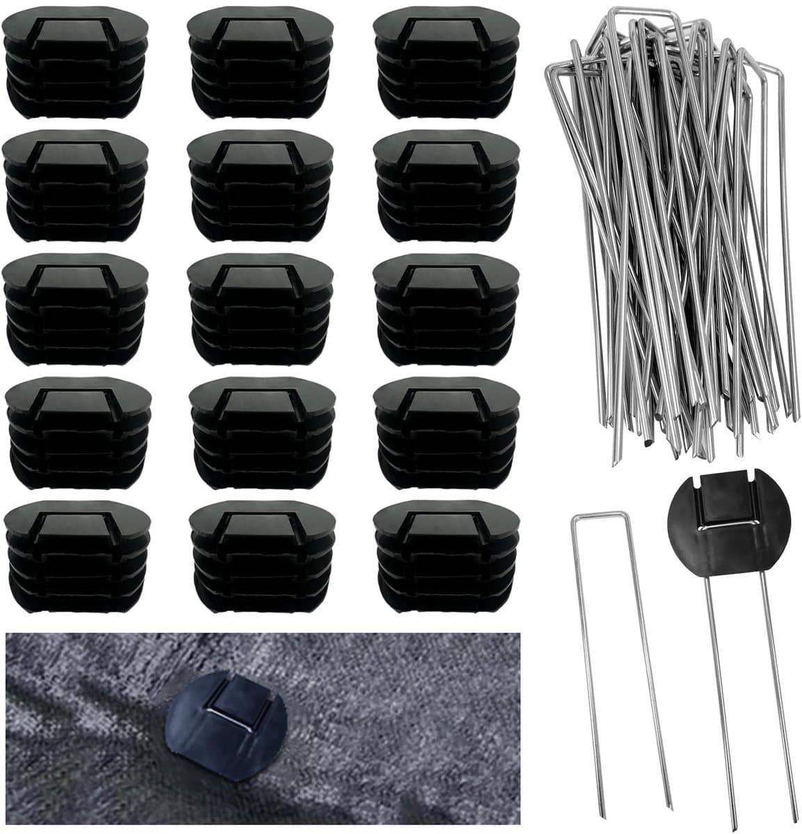 Dailygoods - 30 haringen voor mulchen van 15 cm en set met 30 sluitringen voor bevestiging, U-vorm voor zware toepassingen, tuin van verzinkt staal voor de tuin, drainage, onkruiddoek — afbeelding 1
