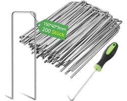 3 mm Zware Tuinnagels, Stalen Palen, Verzinkte Stalen Klemmen Voor Het Vastzetten van Onkruidvlies, Netten en Buizen met 1 Haak (15 cm, 200 Stuks)