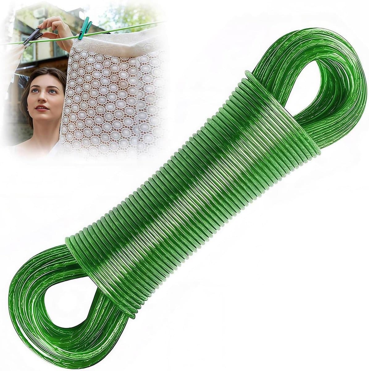 Waslijn Touw - Kledinglijn Outdoor - Buiten Drogen - Stalen Kern - 30 meter - Groen — afbeelding 1