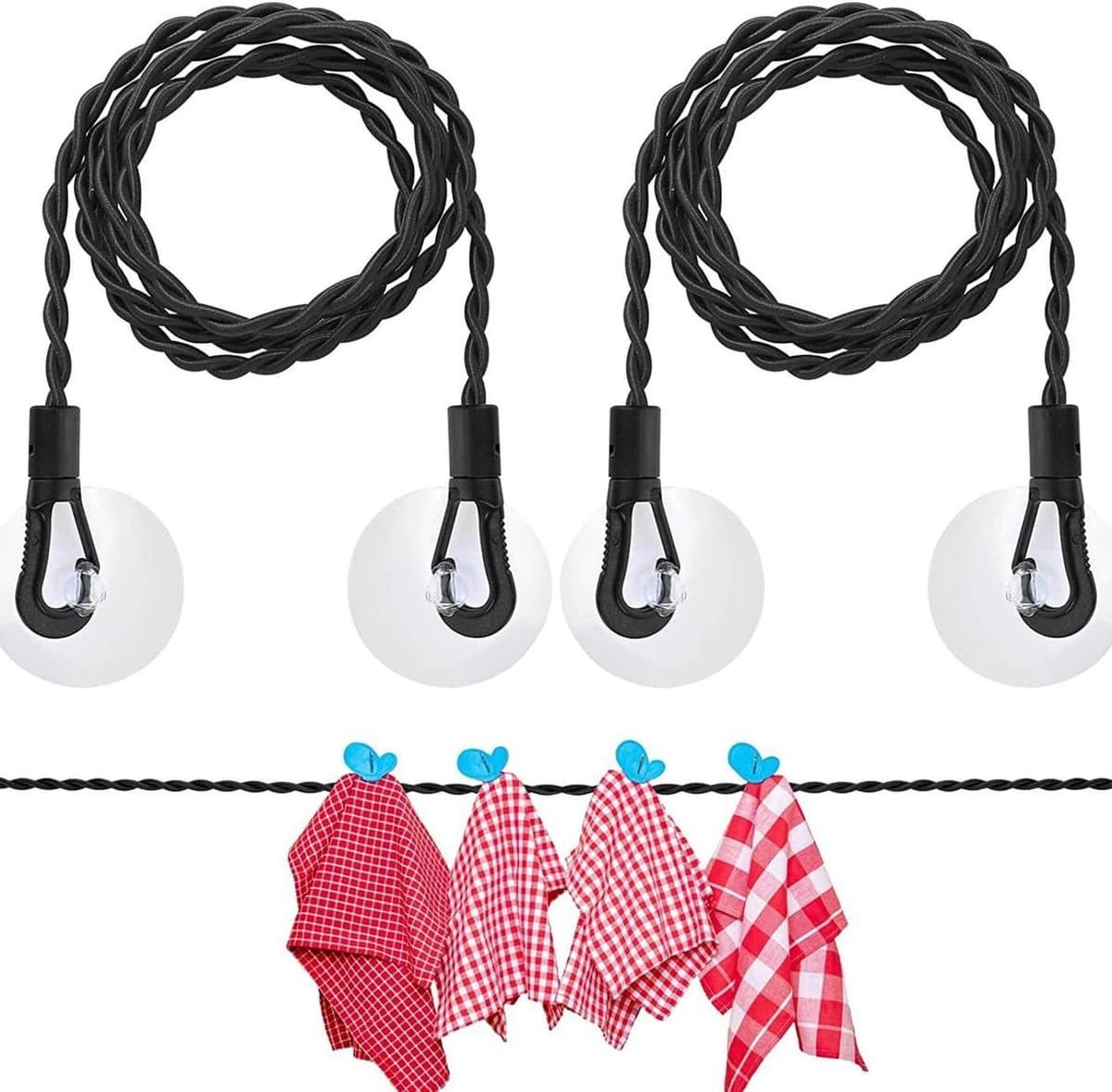 Waslijnen Set - Reiswaslijn Ophanglijn - Kleding Drogen - Inklapbaar met Haken - 2 x 3 meter - Zwart — afbeelding 1