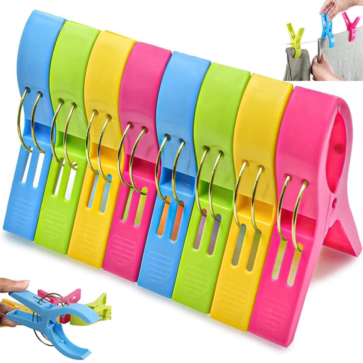 8 stuks - Wasknijpers - Kledingknijpers - Handdoekclips voor op het strand - Winddichte clips - Plastic clips - Sokclips - Kleurrijk - Grote plastic clips - Geschikt voor handdoeken dekens kleding dekbedden lakens tapijten en tafelkleden — afbeelding 1