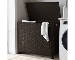 Wasmand met wieltjes - Rotan mand - Was sorteren - Handgeweven 3 vakken - 66x35x60 cm - Donkerbruin
