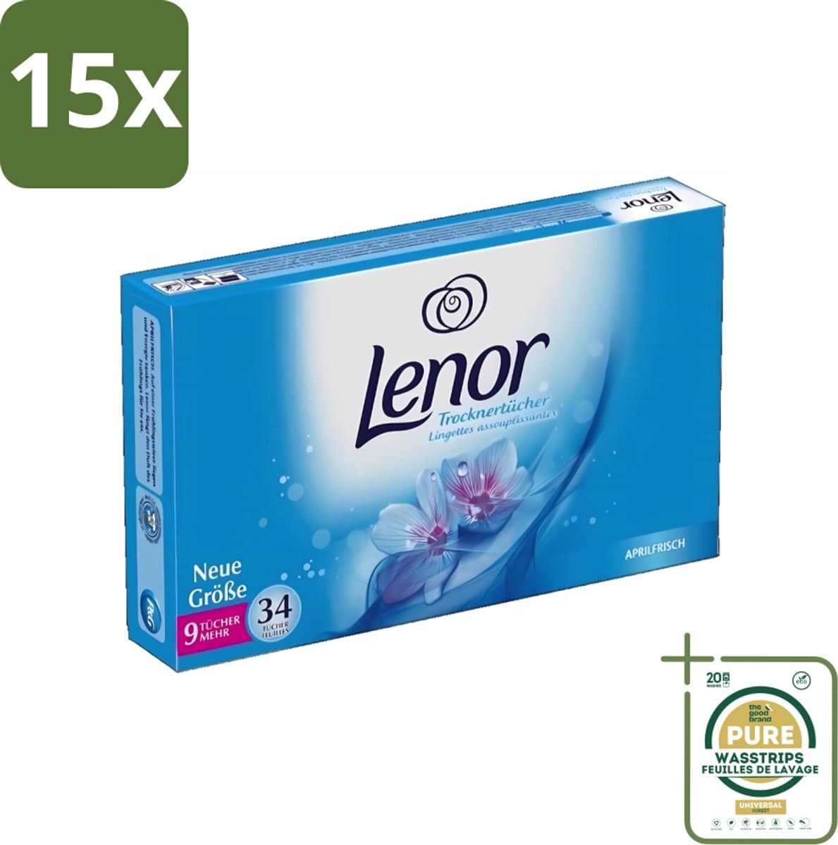 15 x Lenor - Droogtrommeldoekjes - Aprilfris - Textielverfrisser - 34 Doekjes - Grootverpakking - Droogtrommeldoekjes - Wasdoekjes - Textielverfrisser - Frisheid - Statische Elektriciteit — afbeelding 1
