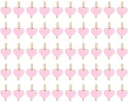 Houten Kleding Clips - Mini Clips Kaarten - Foto's Ophangen - Hartvorm Ontwerp - 50 Stuks - Roze