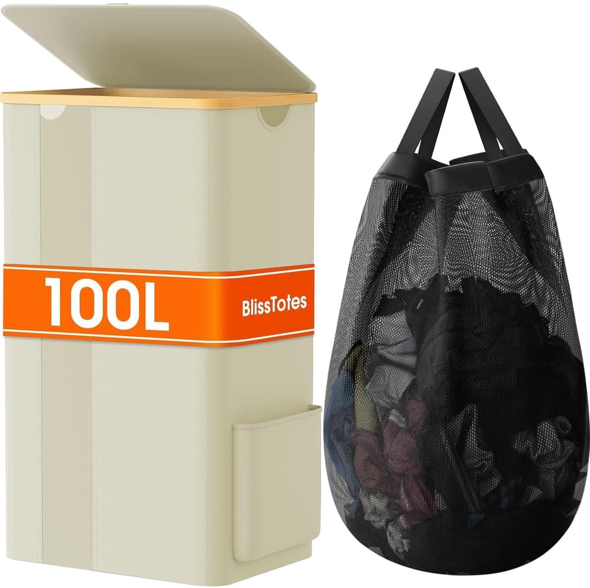 100Lwasmand ,met deksel, transparant mesh ontwerp , wasmand met handgrepen en afneembare waszak, Badkamer, studentverblijf, wasserij, wasmand,Beige wit. — afbeelding 1