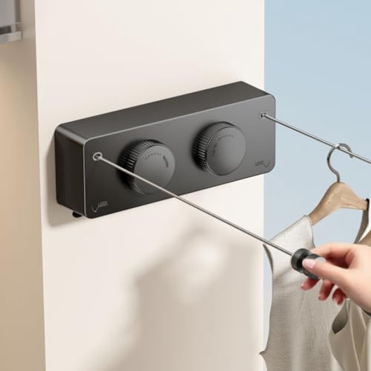 Intrekbare Waslijn 2 Lijnen 4,2m - Uitschuifbaar - Wandmontage - Anti-Doorhang - Voor Binnen en Buiten - Zwart — afbeelding 1