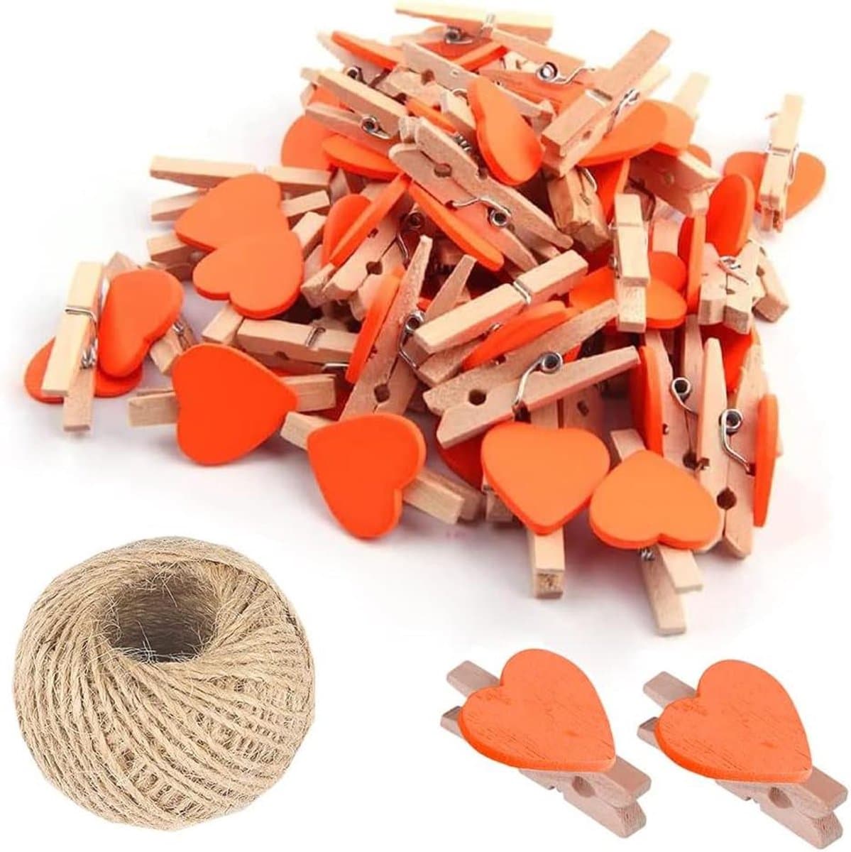 Houten Hart Knijpers - Mini Clips - Foto Decoratie - Natuurlijk Touw - 3 cm - Oranje — afbeelding 1
