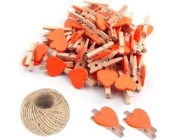 Houten Hart Knijpers - Mini Clips - Foto Decoratie - Natuurlijk Touw - 3 cm - Oranje