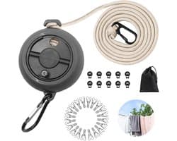 Waslijn Uitschuifbaar - Draagbare Kledinglijn - Buiten Drogen - Windproof Clips - 10 Meter - Zwart