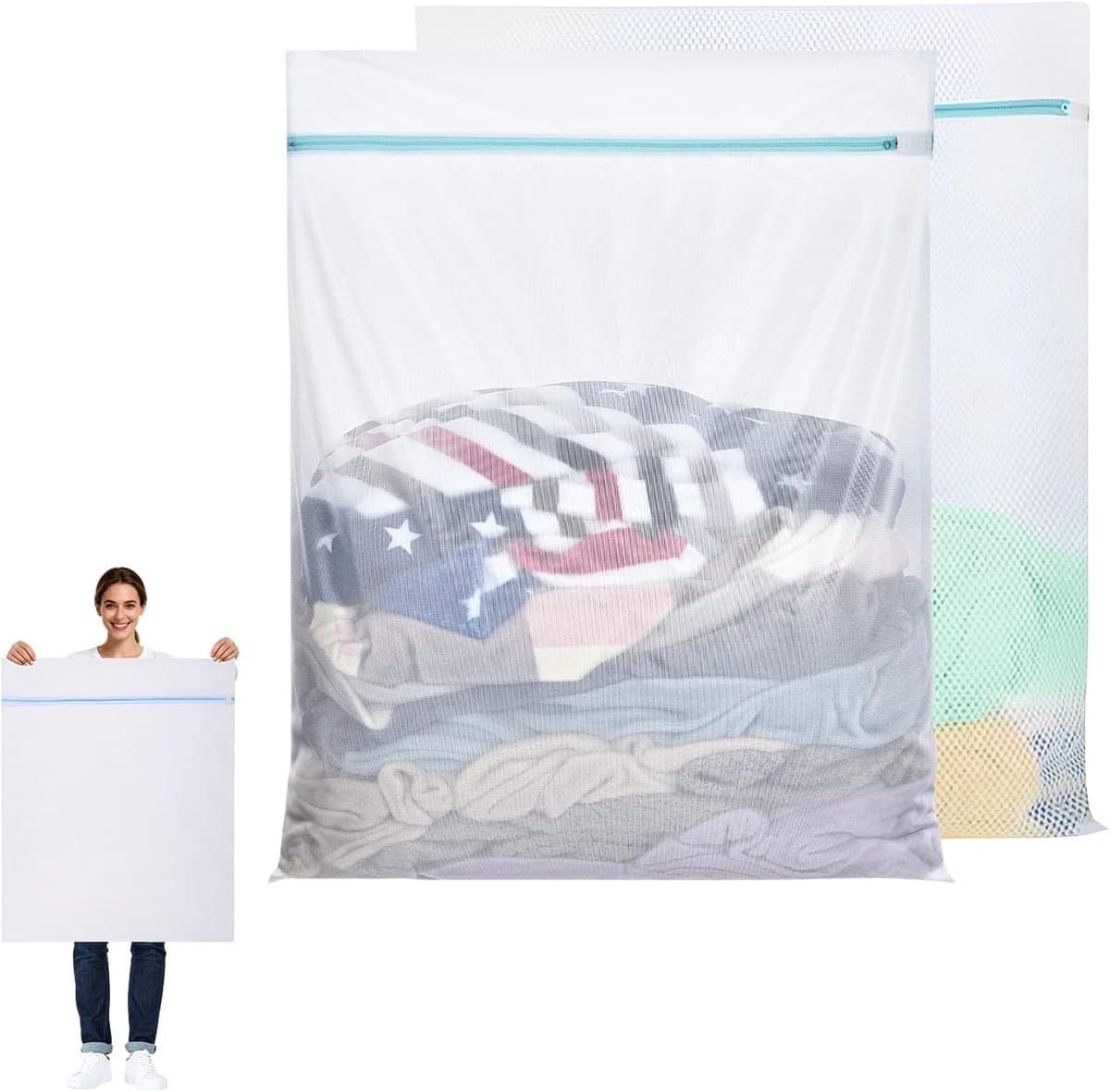 Grote Waszakken Set van 2, 60x80cm Wasnetten met Rits voor Fijne Was, Ondergoed, Sokken en Beddengoed — afbeelding 1