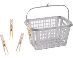 Wasknijper mandje/bakje - zilver - inclusief 48x wasknijpers - hout