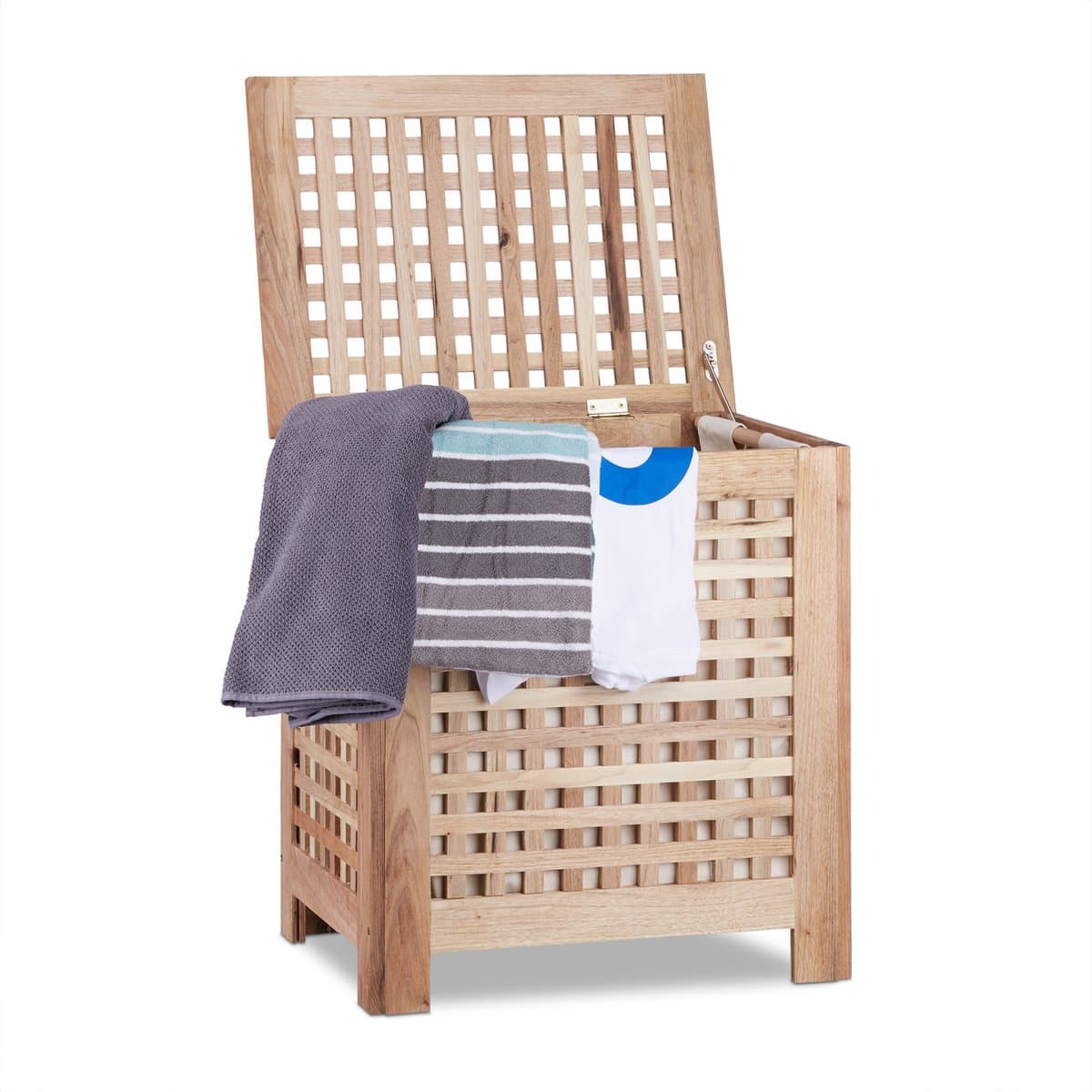 wasmand walnotenhout - met deksel - 70 l - uitneembare waszak — afbeelding 1
