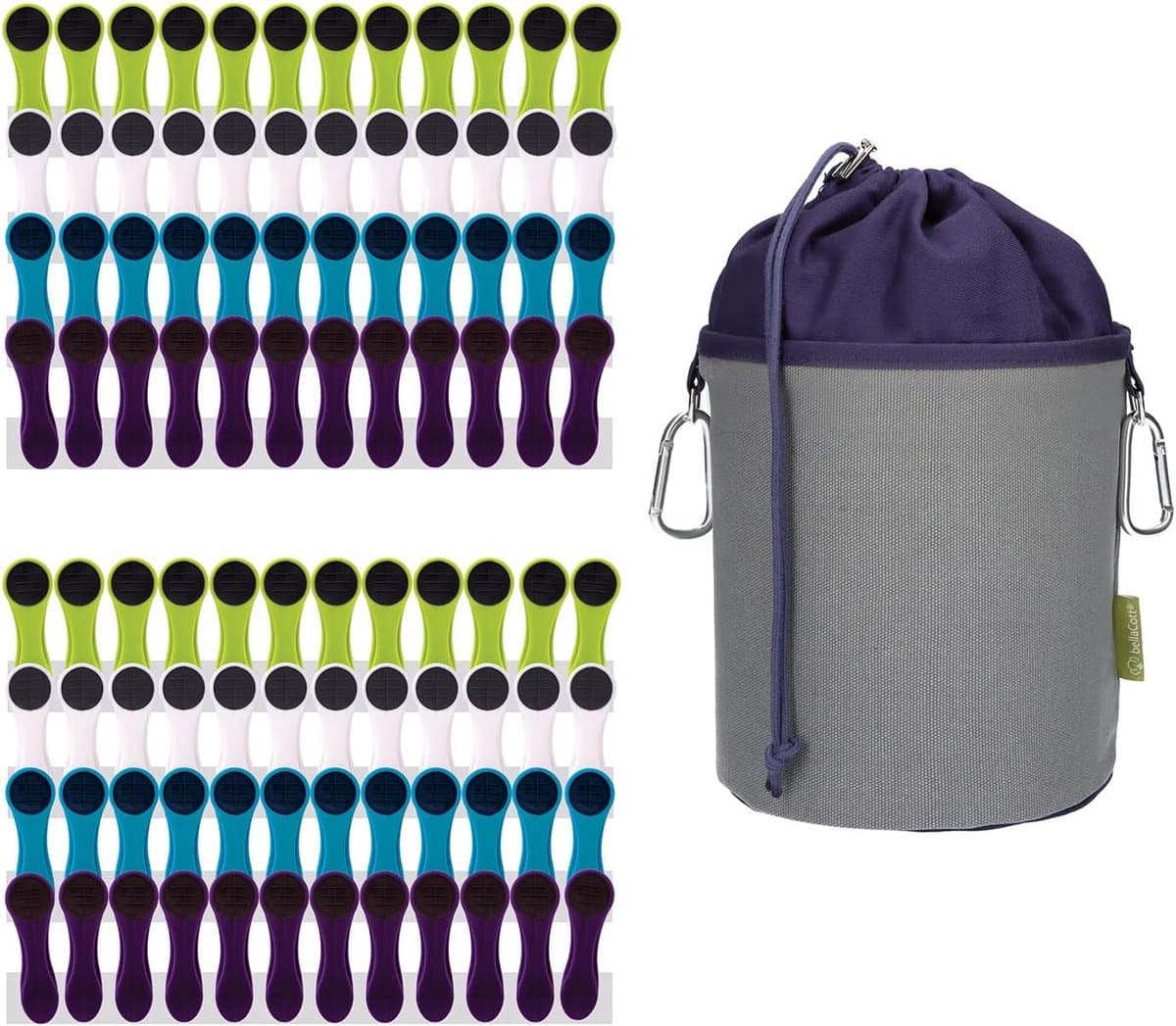 96 wasknijpers met spiraalveren, zachte grip, blauw, groen, wit, paars, antraciet en 1 BellaCott wasknijper zak canvas grijs — afbeelding 1