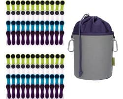 96 wasknijpers met spiraalveren, zachte grip, blauw, groen, wit, paars, antraciet en 1 BellaCott wasknijper zak canvas grijs