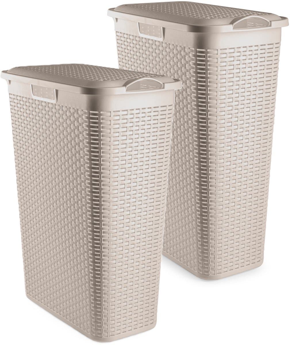 Plasticforte Smalle Wasmand met deksel Rotan - 2x - beige - gevlochten kunststof - 48 liter - 27 x 46 x 60 cm — afbeelding 1