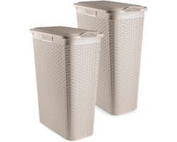Plasticforte Smalle Wasmand met deksel Rotan - 2x - beige - gevlochten kunststof - 48 liter - 27 x 46 x 60 cm