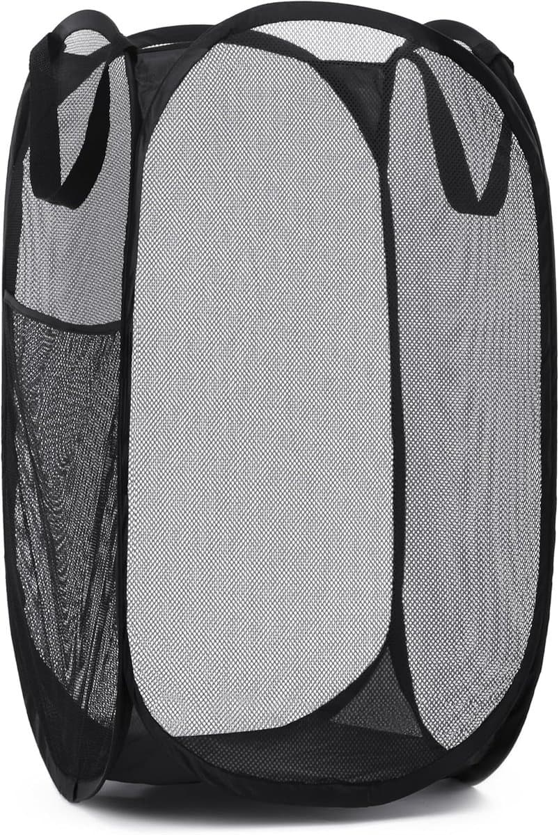 Wasmand - Opvouwbare waszak van mesh - Opvouwbare wasmand - Met handvat en zijvakken - Opvouwbare speelgoedorganizer, Perfect voor kinderkamers, studentenhuizen, reizen - Zwart — afbeelding 1