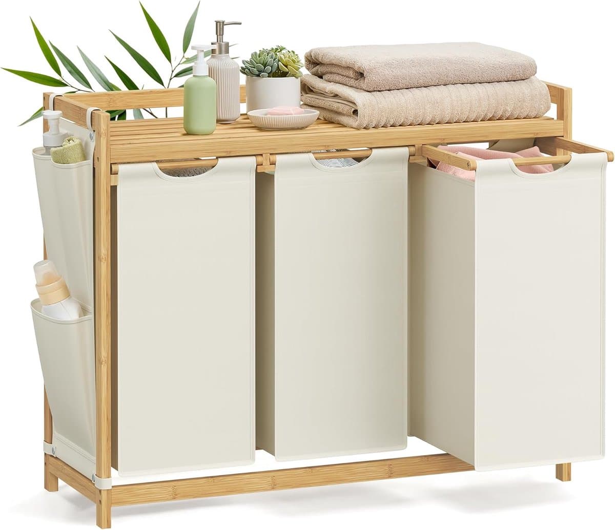 Furnstar wasmand - 3 vakken - Bamboe - Wasverzamelaar 150 l - Wassorteerder met plank -Waszak - Kleine zijzakken - 3 x 50 l 94 x 33 x 78 cm - Crèmewit — afbeelding 1