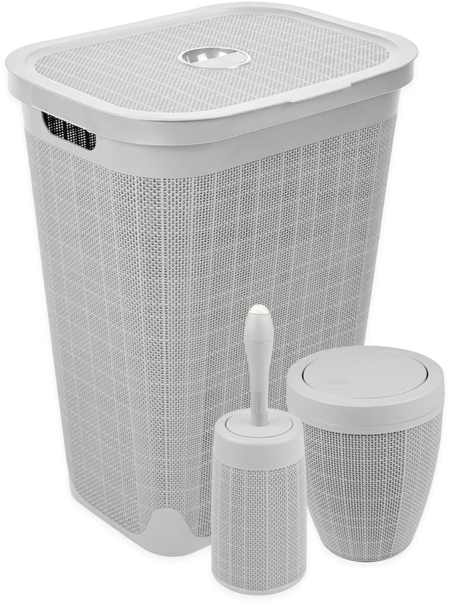 Set 'Hessian' - Wasmand 60 liter - Toiletborstel doseersysteem - Prullenbak swingdeksel - Lichtgrijs — afbeelding 1