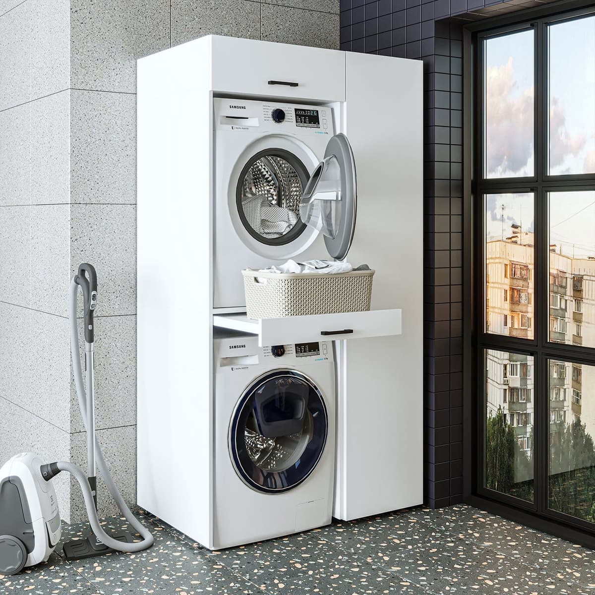 Roomart DUO-I Wasmachine Ombouwkast 112x205 cm - met Hoge Kast 45 en Uittrekblad - Wit — afbeelding 1