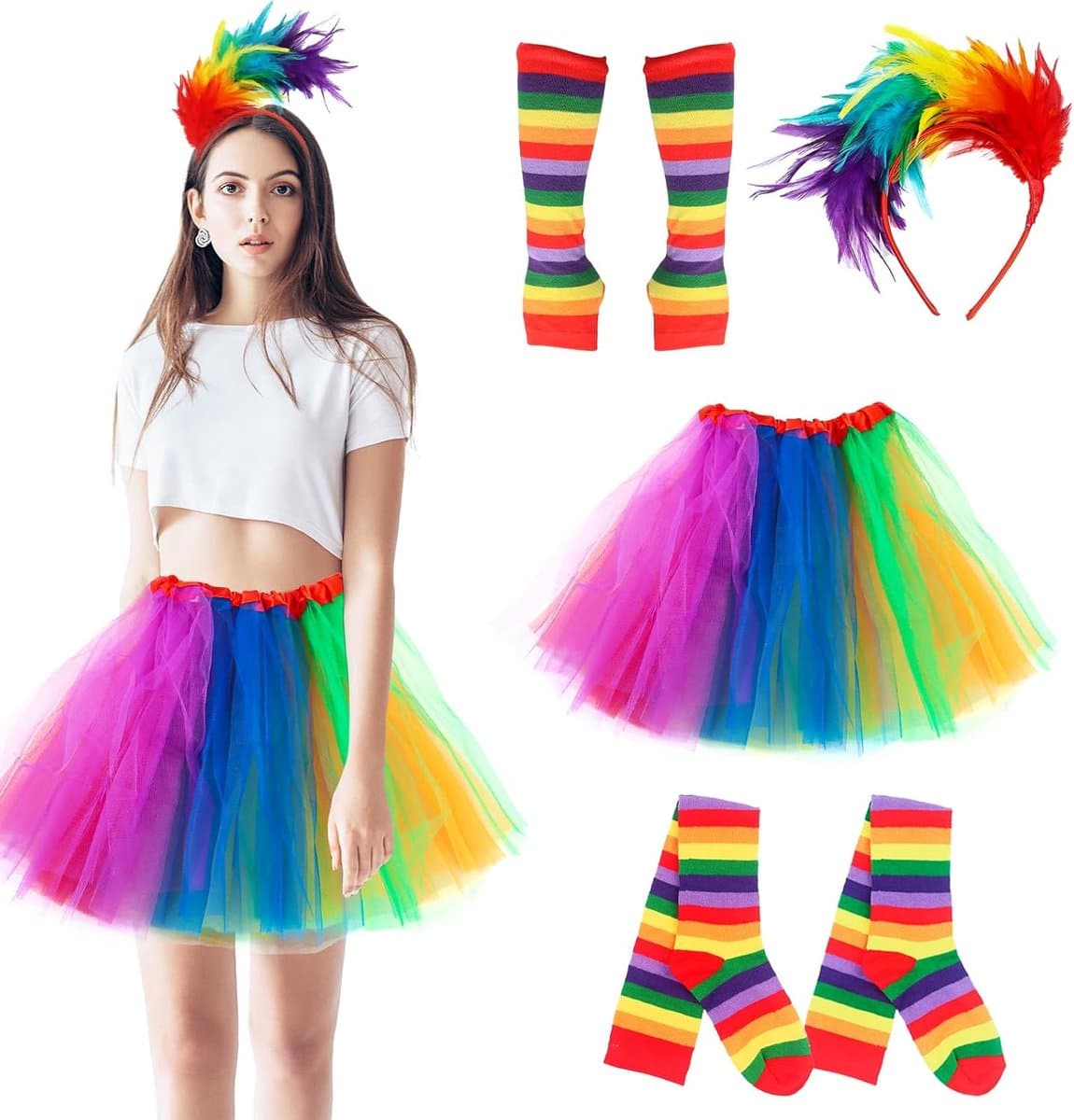 4 stuks regenboog dameskostuum, carnaval regenboog kostuum dames, met regenboog tule rok, kleurrijke veren hoofdband, regenboog-kniekousen, vingerloze handschoenen, voor carnaval, cosplay — afbeelding 1