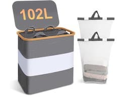 Arvioo-Wasmand-102L-2 vakken-met deksel-bamboe rand-grijs
