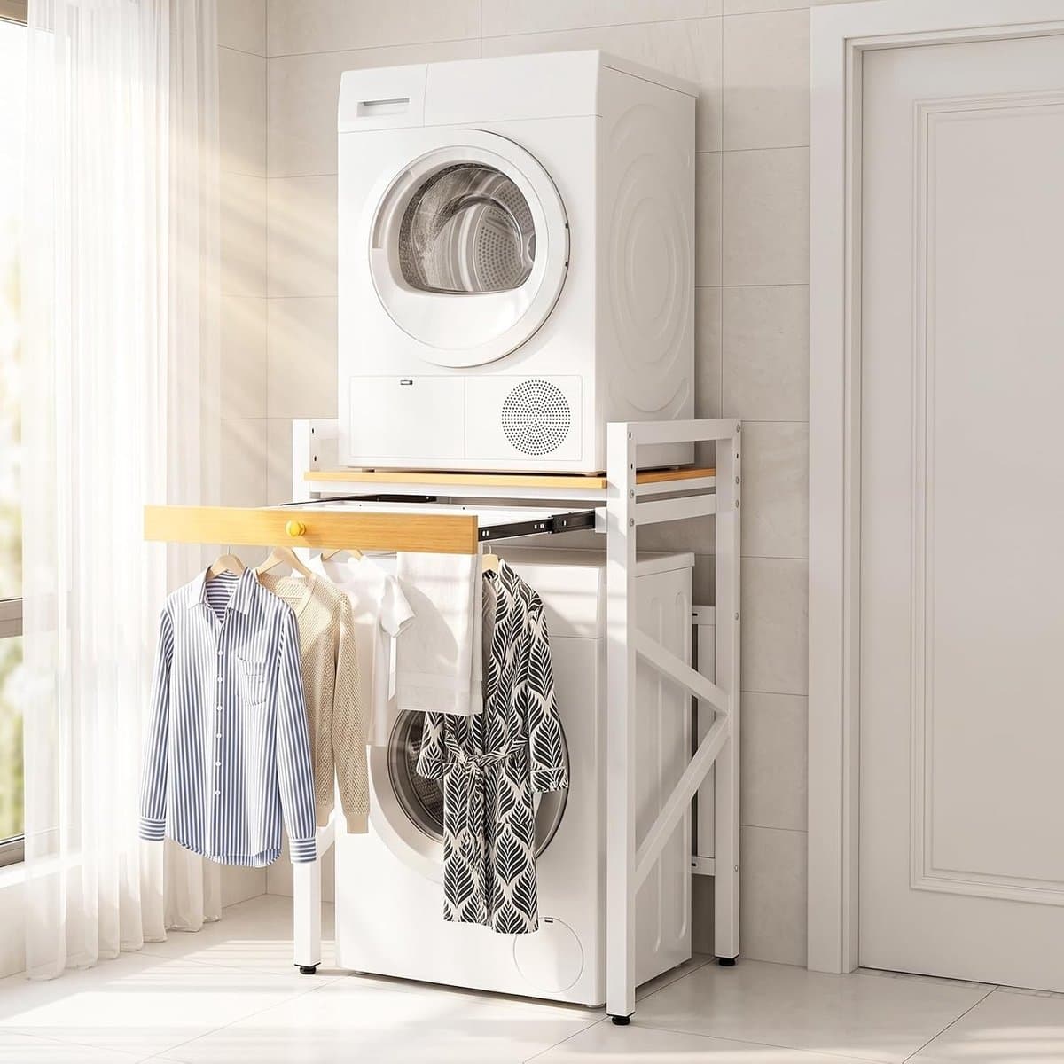 Stapelbare Wasmachine en Droger Sets met Verstelbare Planken, Ruimtebesparend en Praktisch voor Badkamers en Wasruimtes — afbeelding 1