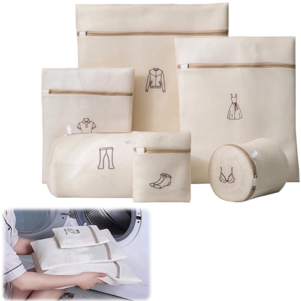 6-delige set – Waszak van mesh – Tas voor bh-verzorging – Opbergtas voor de wasmachine – Opvouwbare organizer – Ritssluiting – Beschermt kleding – voor truien, jassen, ondergoed en andere delicate items – Beige – Verkrijgbaar in verschillende maten — afbeelding 1